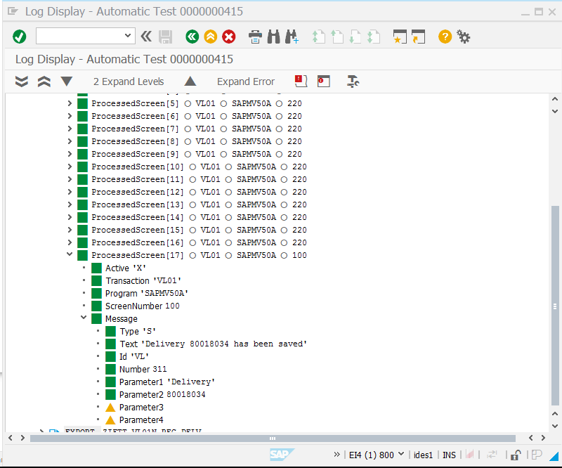 The sample eCATT log of scipt execution that creates outbound delivery